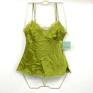 Shu Shu‎ Camisole Tank Top Lace Trim Medium Babydoll 100% Silk Green Satin y2k
